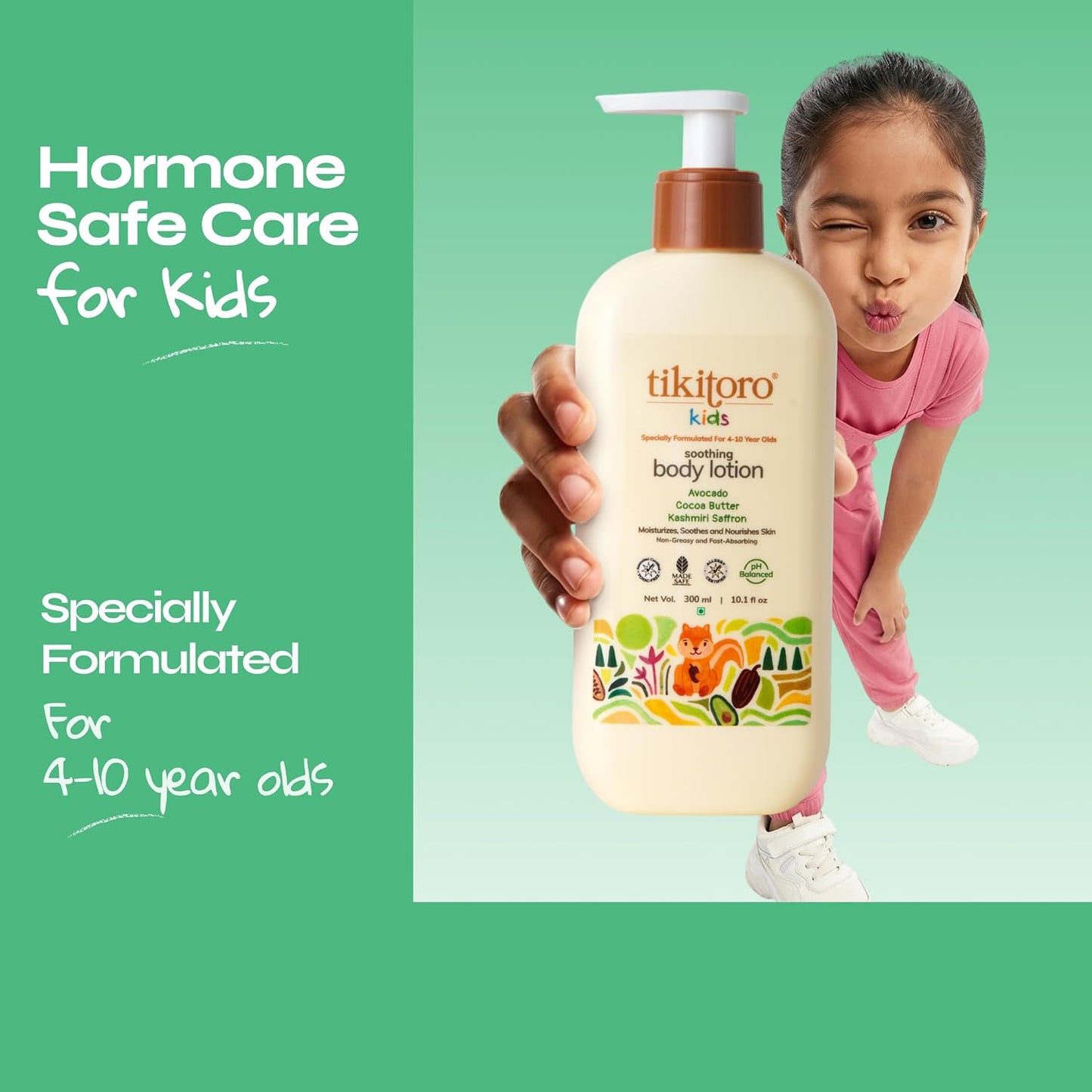 Tikitoro Kids Soothing Body Lotion | Pediatrician Approved | Moisturizes, Soothes & Nourishes Skin |100% Vegan with Avocado, Cocoa Butter, Kashmiri Saffron Extract |Daily Use (Age: 4+ Years) (300 x 1)