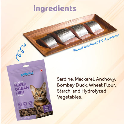 Petoska Mixed Ocean Fish Cat Treats – 100g | Air-Dried Sardine, Mackerel & Anchovy Bites with Taurine & Omega-3 | Chewy | High-Protein Digestion & Reproductive Support| Kittens & Adult Cats