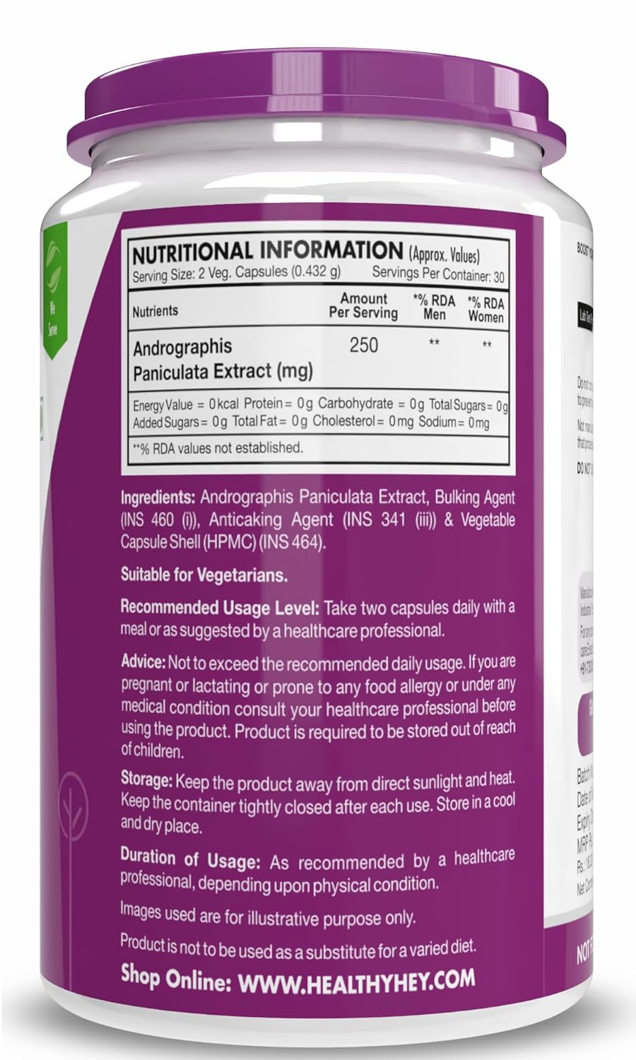 Supplement container with purple lid and nutritional information label on a white background