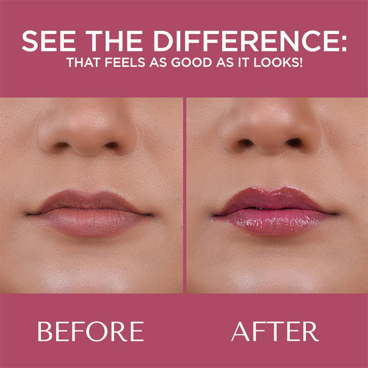 Before and after comparison of lips with a pink background and text.
