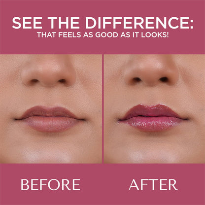 Before and after comparison of lips with a pink background and text.