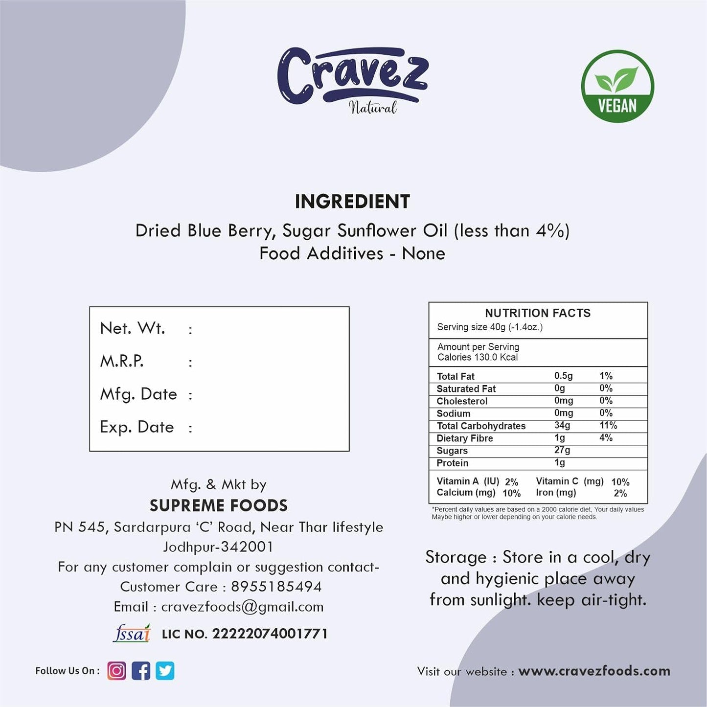 Cravez Dried Blueberries, Sweet Berries | Dried Fruits | Rich in Calcium, Vitamin K | Healthy Skin | Boost Immunity | Vegan, Non-GMO, Preservative-Free | Blueberry Snacks