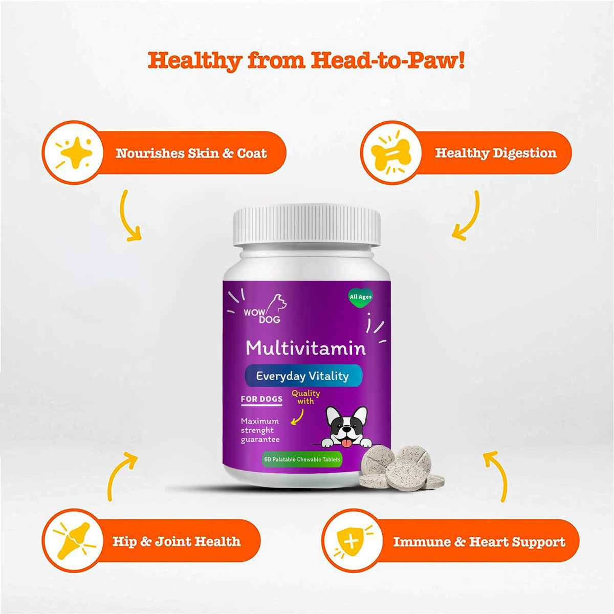 WOW DOG Multivitamin Tablet Dog Supplement 120 Pieces for Dogs with Essential Vitamins & Minerals for Healthy Skin, Heart, Brain Function | Chicken Flavour