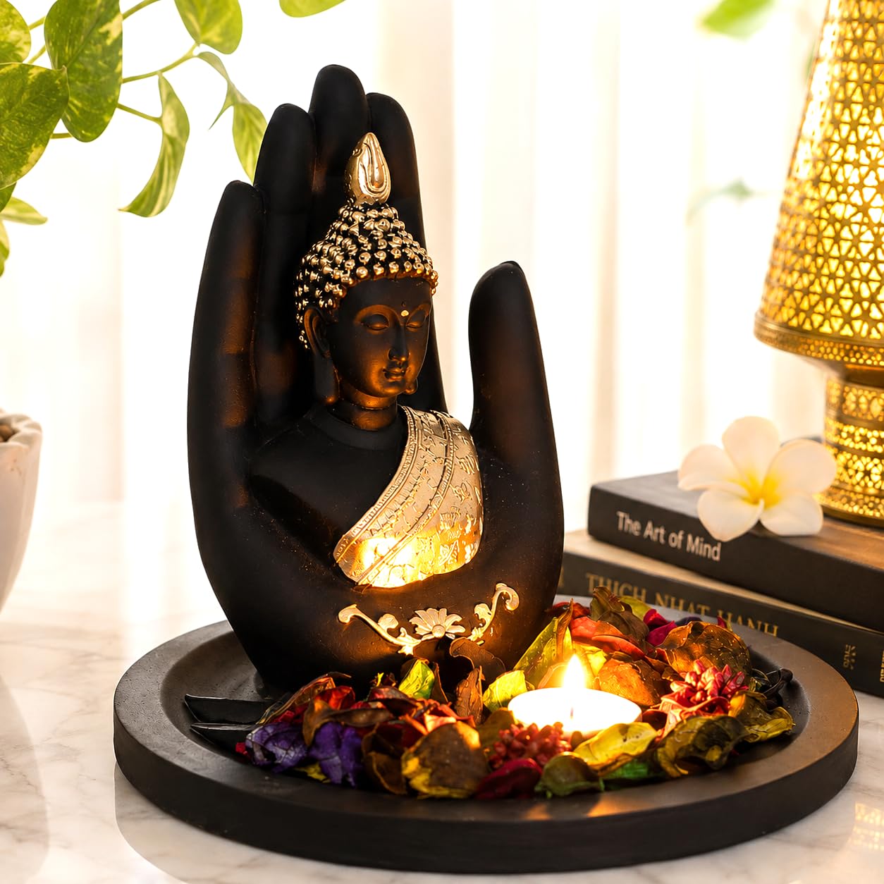 eCraftIndia Black Golden Resin Palm Buddha Statue Potpourri Tea Light Holder| Lord Buddha Statue for Living Room| Gautam Buddha Idol for Home Decor| Showpiece for Diwali Buddha Purnima Housewarming
