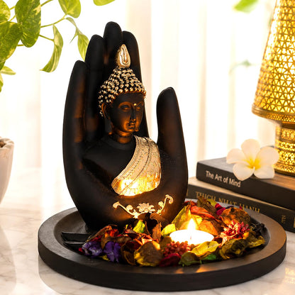 eCraftIndia Black Golden Resin Palm Buddha Statue Potpourri Tea Light Holder| Lord Buddha Statue for Living Room| Gautam Buddha Idol for Home Decor| Showpiece for Diwali Buddha Purnima Housewarming
