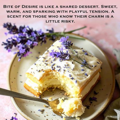 Lavender cake on a plate with a fork, surrounded by lavender flowers, on a pink background.