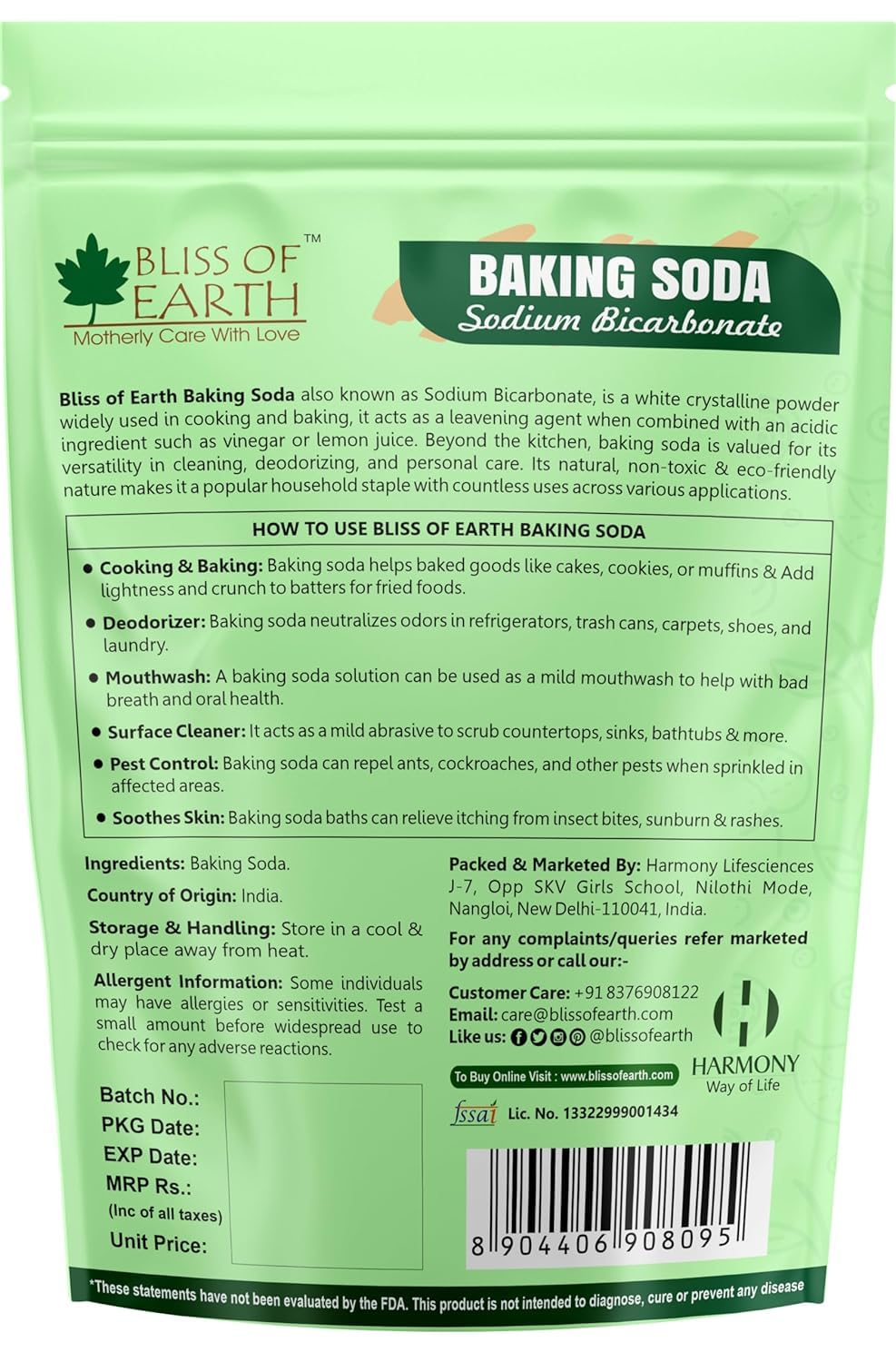 Bliss of Earth Baking Soda for Cooking, Baking Soda for Food & Cleaning Purpose, 900gm, Pure Sodium Bicarbonate for Baking, Cleaning, and Deodorizing, Food Grade, Non-GMO, Eco-Friendly