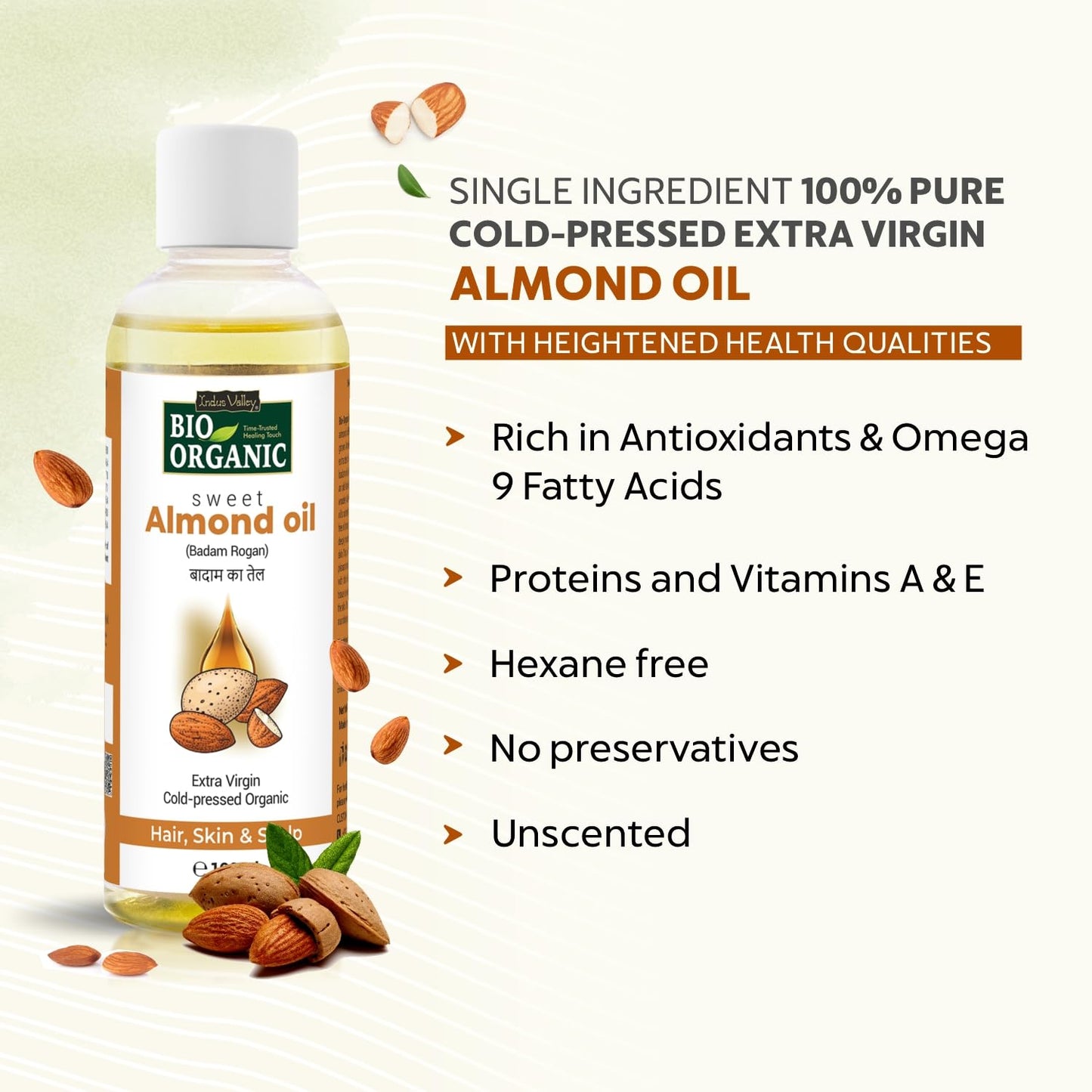 Bio Organic sweet almond oil bottle with product details on a light green background