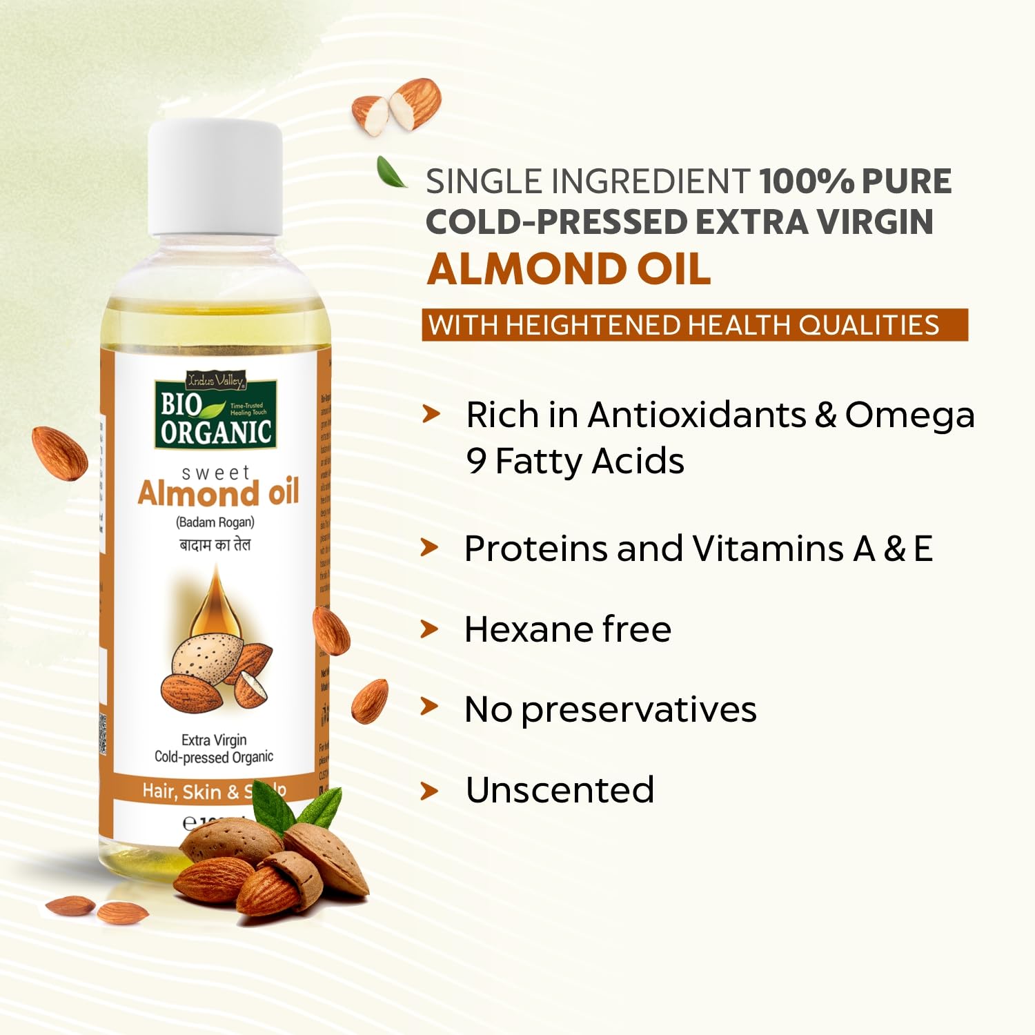 Bio Organic sweet almond oil bottle with product details on a light green background