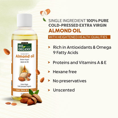 Bio Organic sweet almond oil bottle with product details on a light green background