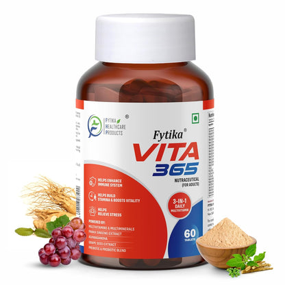 Fytika Vita 365 supplement bottle with ingredients on a white background