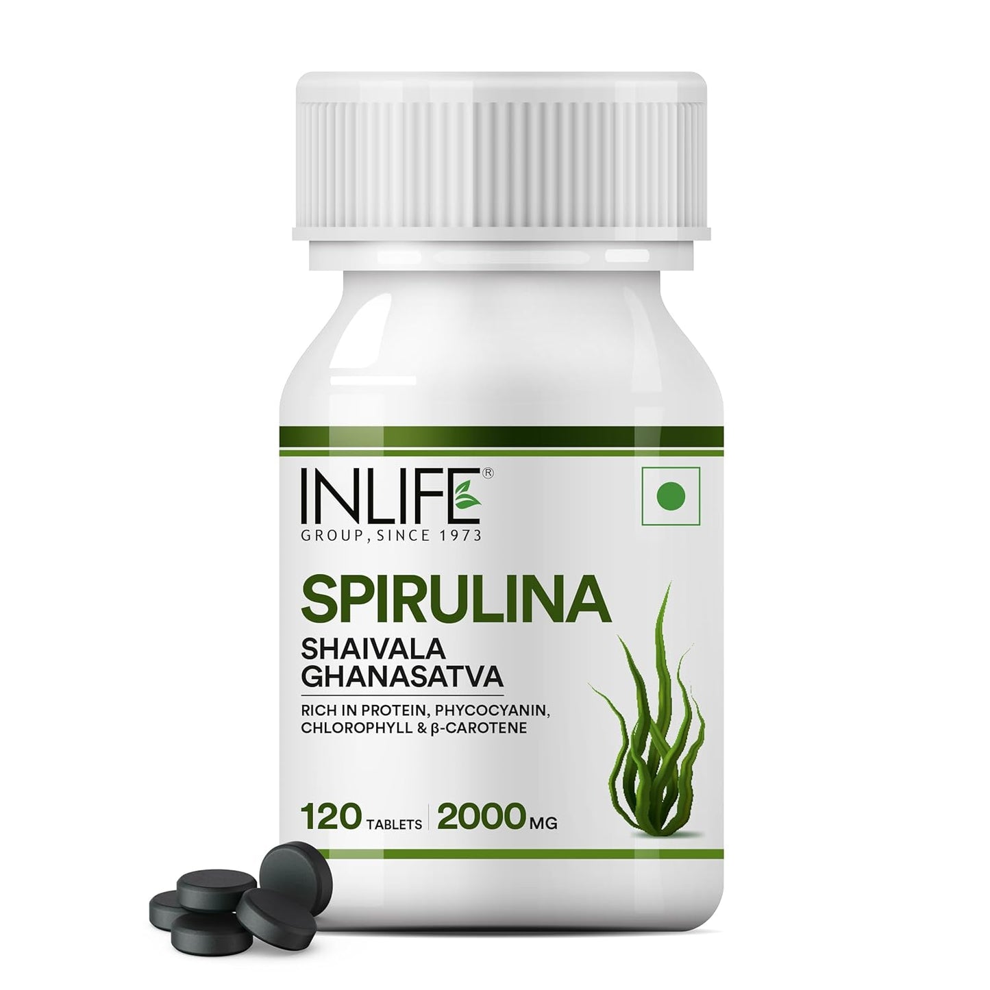 INLIFE Spirulina Tablets 2000 mg (per serving) | Green Superfood Supplement | Nutritional Supplement Protein Fiber Antioxidants - 120 Tablets (Pack of 1, 120, count)