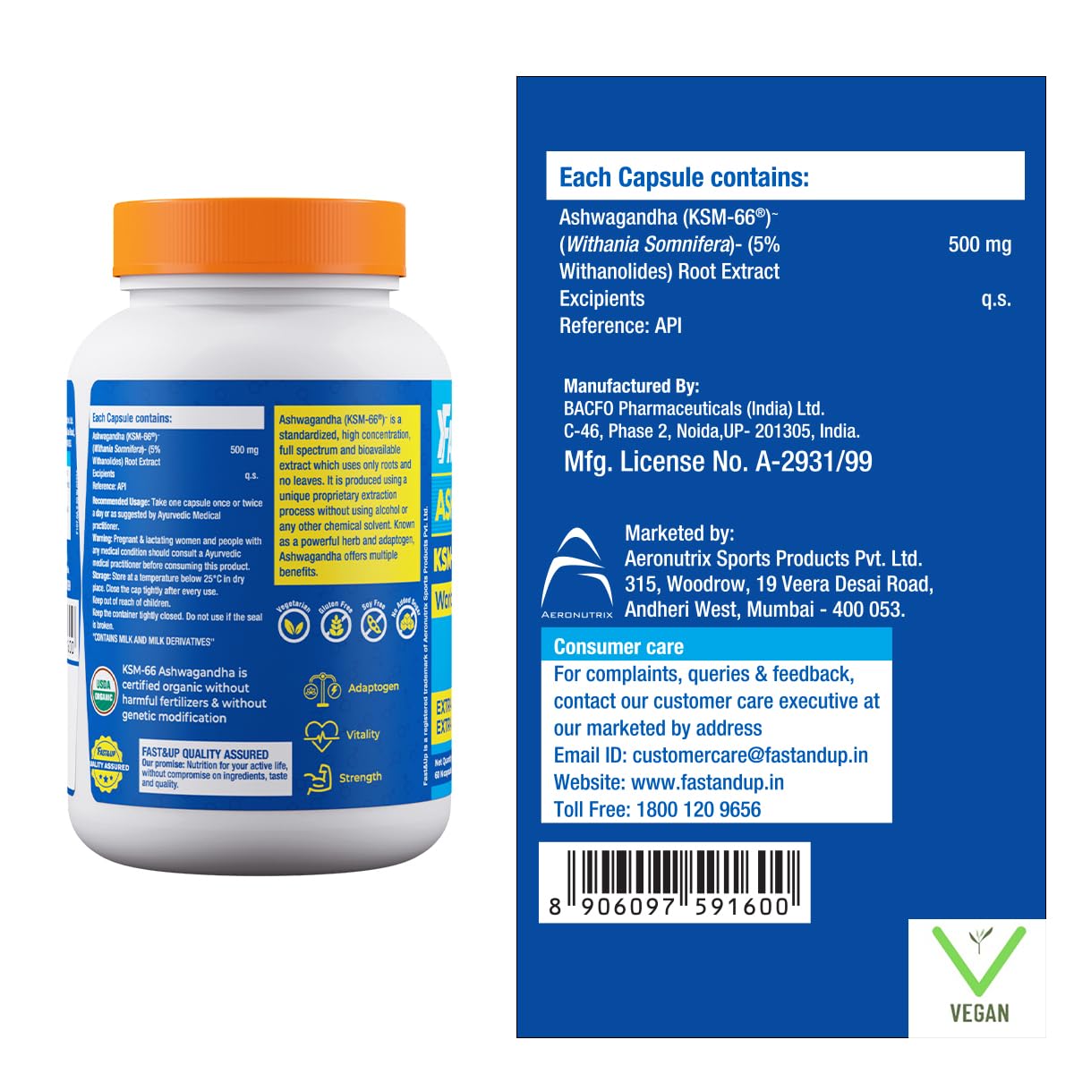 Fast&Up 500mg KSM-66® Ashwagandha – World's Best Ashwagandha (60 Capsules) for Extra Strength & Power | Stress Relief | Natural Vitality Booster | Pure & Potent