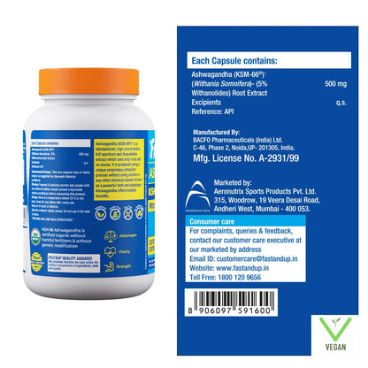 Fast&Up 500mg KSM-66® Ashwagandha – World's Best Ashwagandha (60 Capsules) for Extra Strength & Power | Stress Relief | Natural Vitality Booster | Pure & Potent