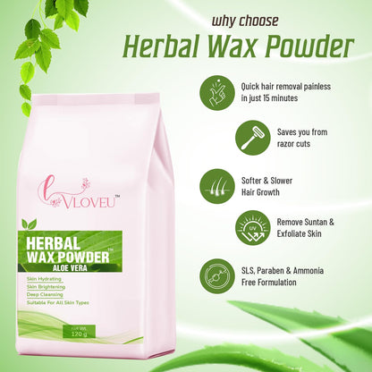 VLOVEU Wax Powder for Hair Removal for Women - 120 gm (Pack of 1) | Hair Removal Powder with Aloevera | Painless Herbal Wax Powder, All Skin Types Hands, Legs, Underarms, Bikini & Intimate Area