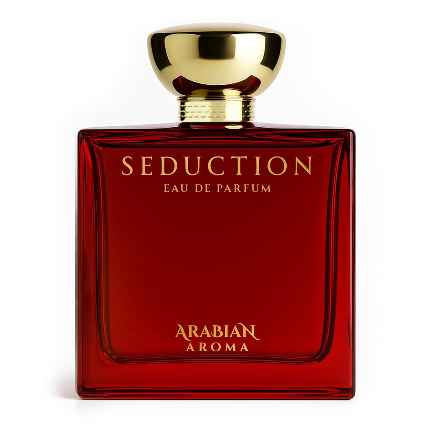 Red perfume bottle with gold cap labeled 'Seduction Eau de Parfum Arabian Aroma' on a white background