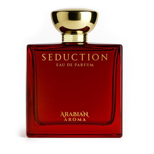 Red perfume bottle with gold cap labeled 'Seduction Eau de Parfum Arabian Aroma' on a white background