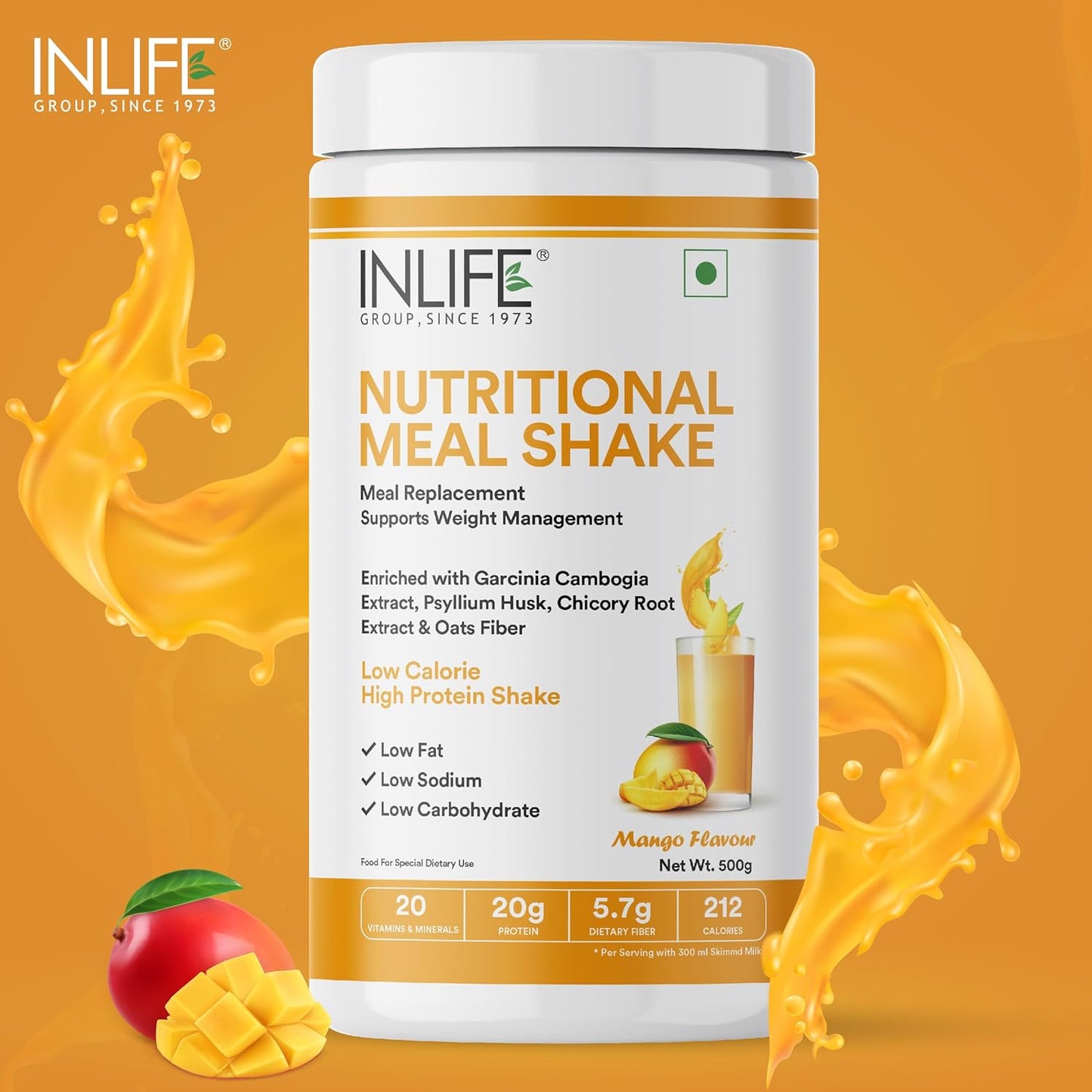 INLIFE Meal Replacement Shake | Nutritional Meal Protein Shake | Sugar Free, 20g Protein, 5g Fiber, 207 Calories, 500g (Mango)