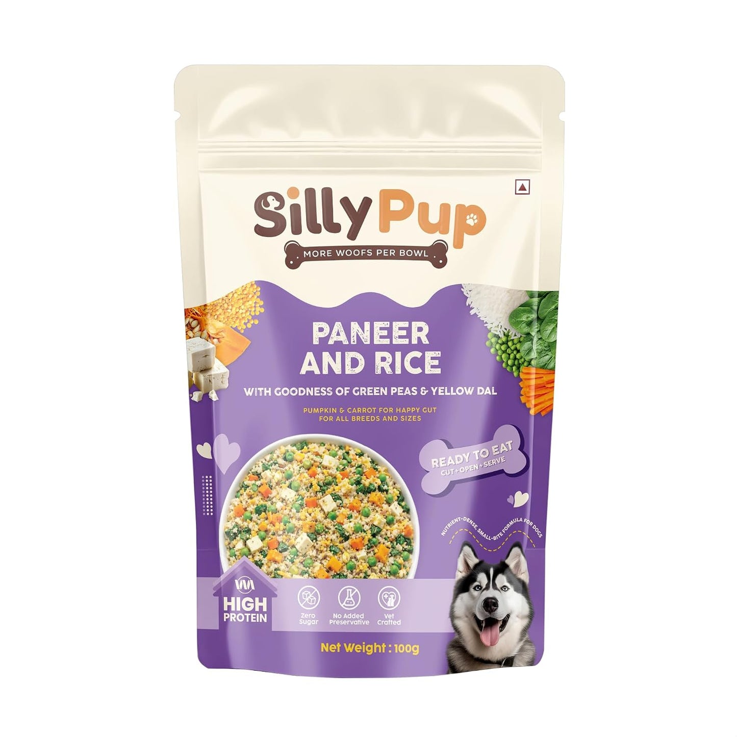 Silly Pup Paneer Dog Wet Food | Gently Cooked - Vegetarian | Real Paneer, Yellow Dal & Basmati Rice | Turmeric, Ashwagandha & Chia Seeds | Real Ingredients | Vet Crafted | 100g (1 Pouch - 100g)