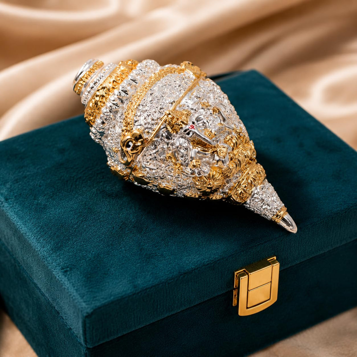 999 Pure Silver Plated & 24K Gold Plated Ganesh Shankh with Velvet Gift Box, 4.7 Inch Ganesha Shankh for Fengshui Vastu Gifts, Wedding Anniversary House Warming Gifts New Home Decor Items