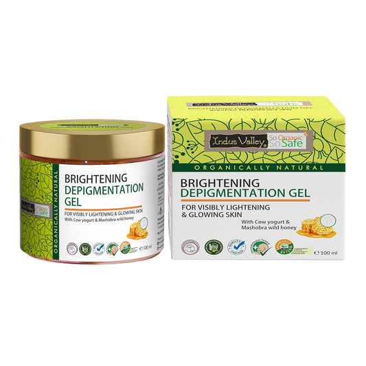 Brightening Depigmentation Gel jar and box with green and gold design on a white background