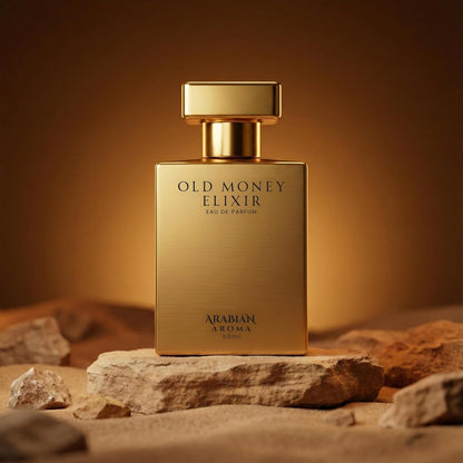 Gold 'Old Money Elixir' perfume bottle on a stone surface with a warm brown background