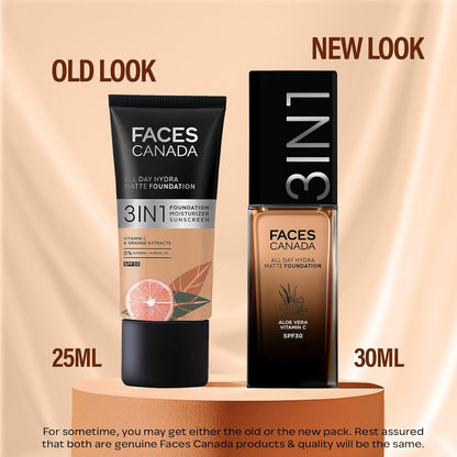 FACES CANADA All Day Hydra Matte Foundation | 3-in-1 Foundation + Moisturizer + SPF 30 | 24 HR Aloe Hydration & Vitamin C | 10HR Long Wear | Medium to High Buildable Coverage | Soft Sand 041 | 25ml