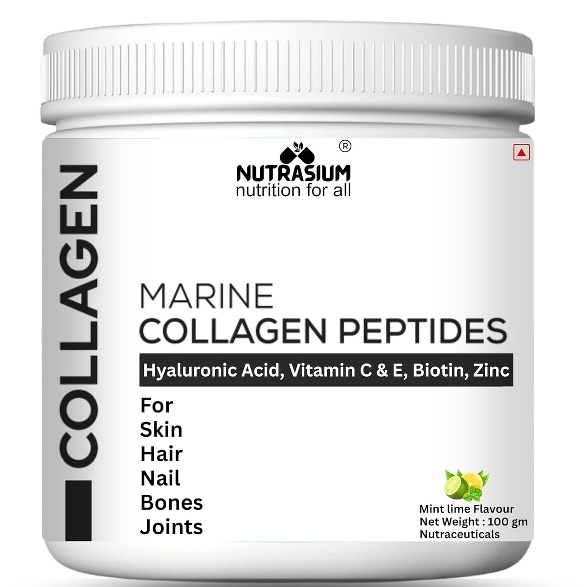 Nutrasium Marine Collagen Supplement with Vitamin C & Hyaluronic acid for Men & Women | Skin, Joints, Hair & Nails | Hydrolyzed Peptides Fast Absorption | Added Biotin & Zinc | 100 Gram Refrashing Lemin Mint Flavour