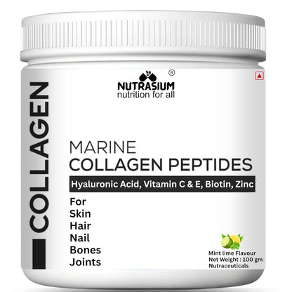 Nutrasium Marine Collagen Supplement with Vitamin C & Hyaluronic acid for Men & Women | Skin, Joints, Hair & Nails | Hydrolyzed Peptides Fast Absorption | Added Biotin & Zinc | 100 Gram Refrashing Lemin Mint Flavour