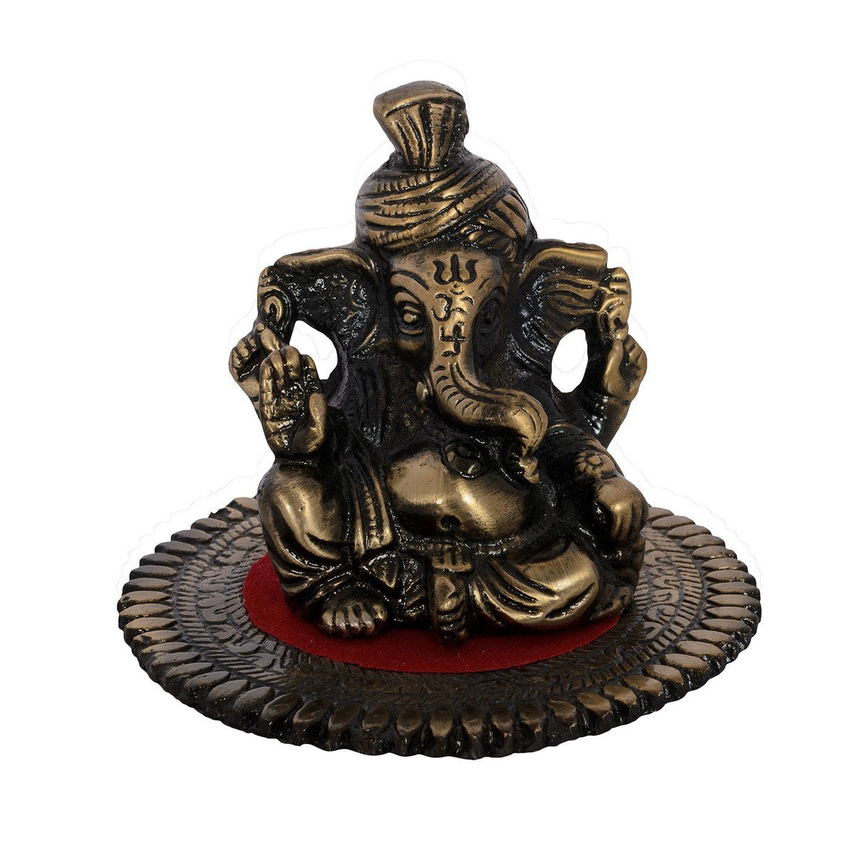 Pagdi Metal Lord Ganesha on Round Base (10.2 cm x 10.2 cm x 7.6 cm, Brown)