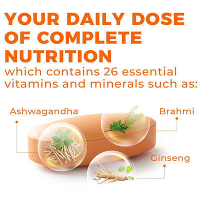 A to Z Daily Multivitamin for Men & Women | 26 Essentials Vitamins & Minerals with Ashwagandha, Brahmi, Ginseng & L-Theanine | Energy, Immunity & Stress Support | 30 Veg Tablets