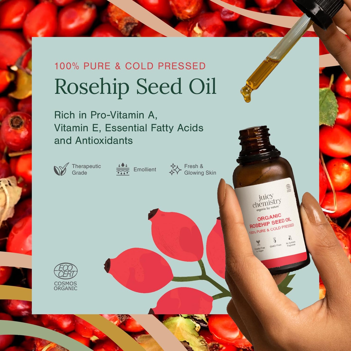 Juicy Chemistry 100% Pure & Certified Organic Rosehip Seed Oil, 30ml | Cold-Pressed & Therapeutic Grade | Fades Scars & Pigmentation | Brightens Skin Tone | Hydrating | Boosts Collagen | Anti Ageing | Dermatologically Tested