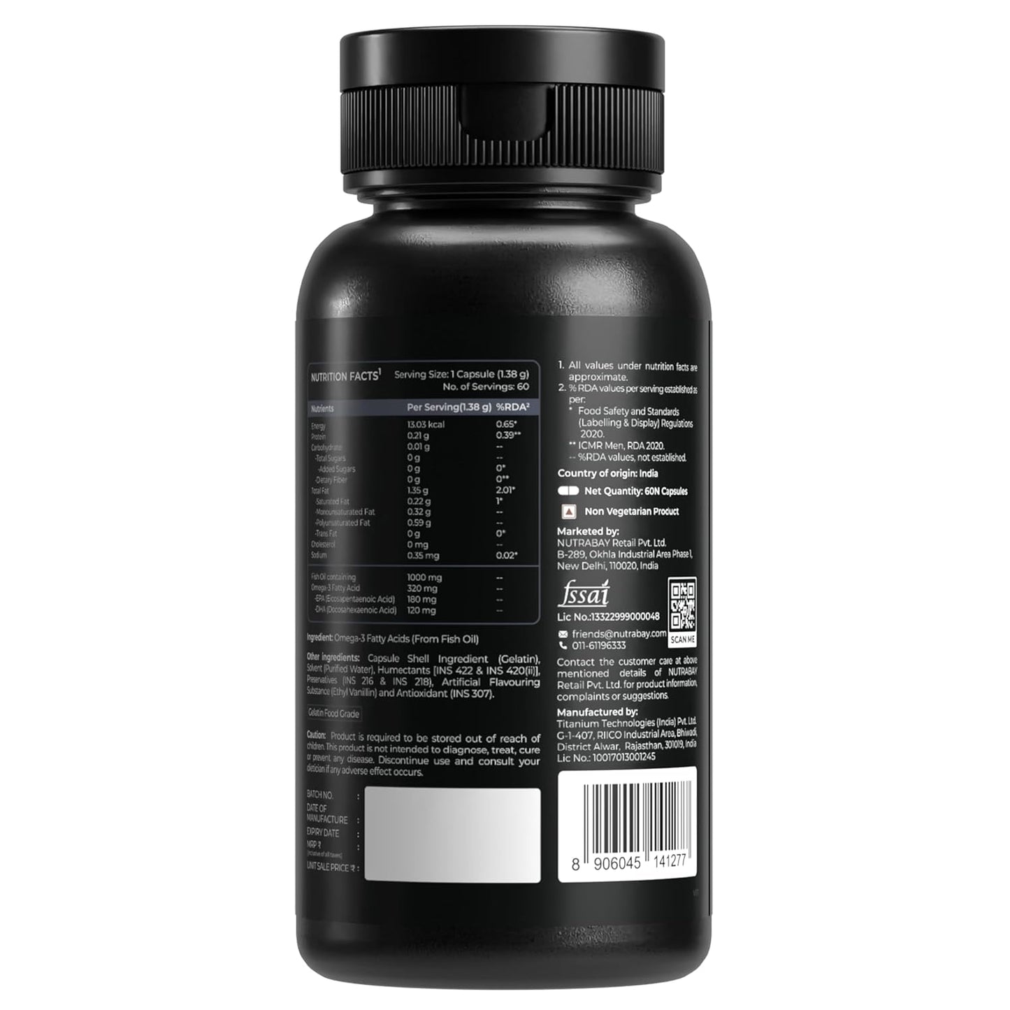 Black supplement bottle with label on a white background
