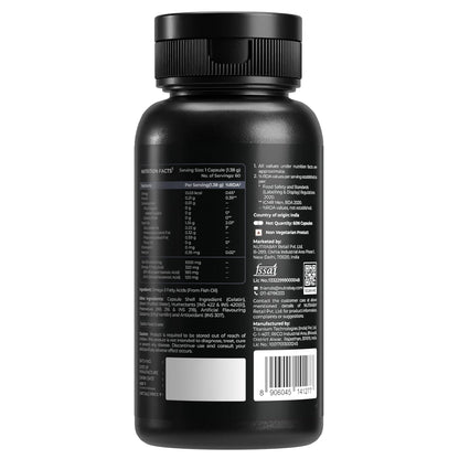 Black supplement bottle with label on a white background