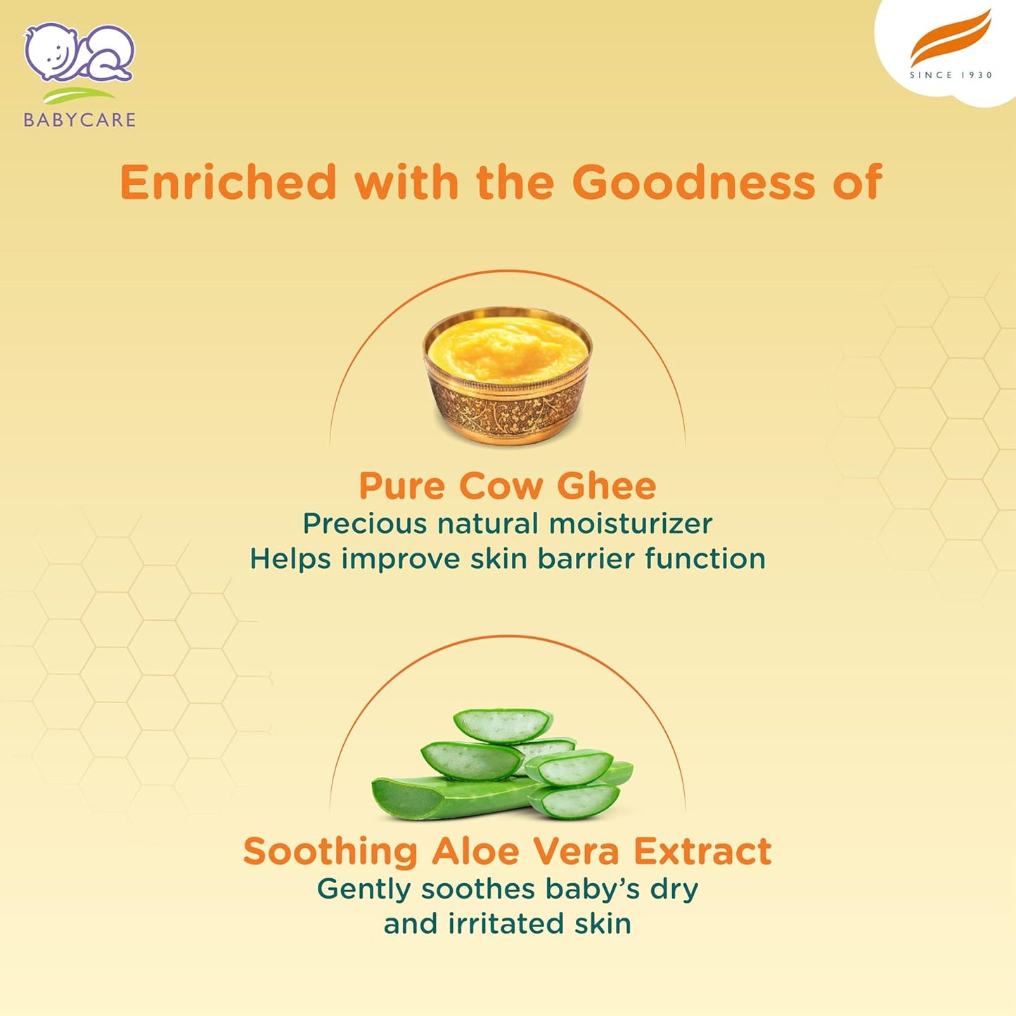 Product advertisement for baby care item with cow ghee and aloe vera extract on a beige background.
