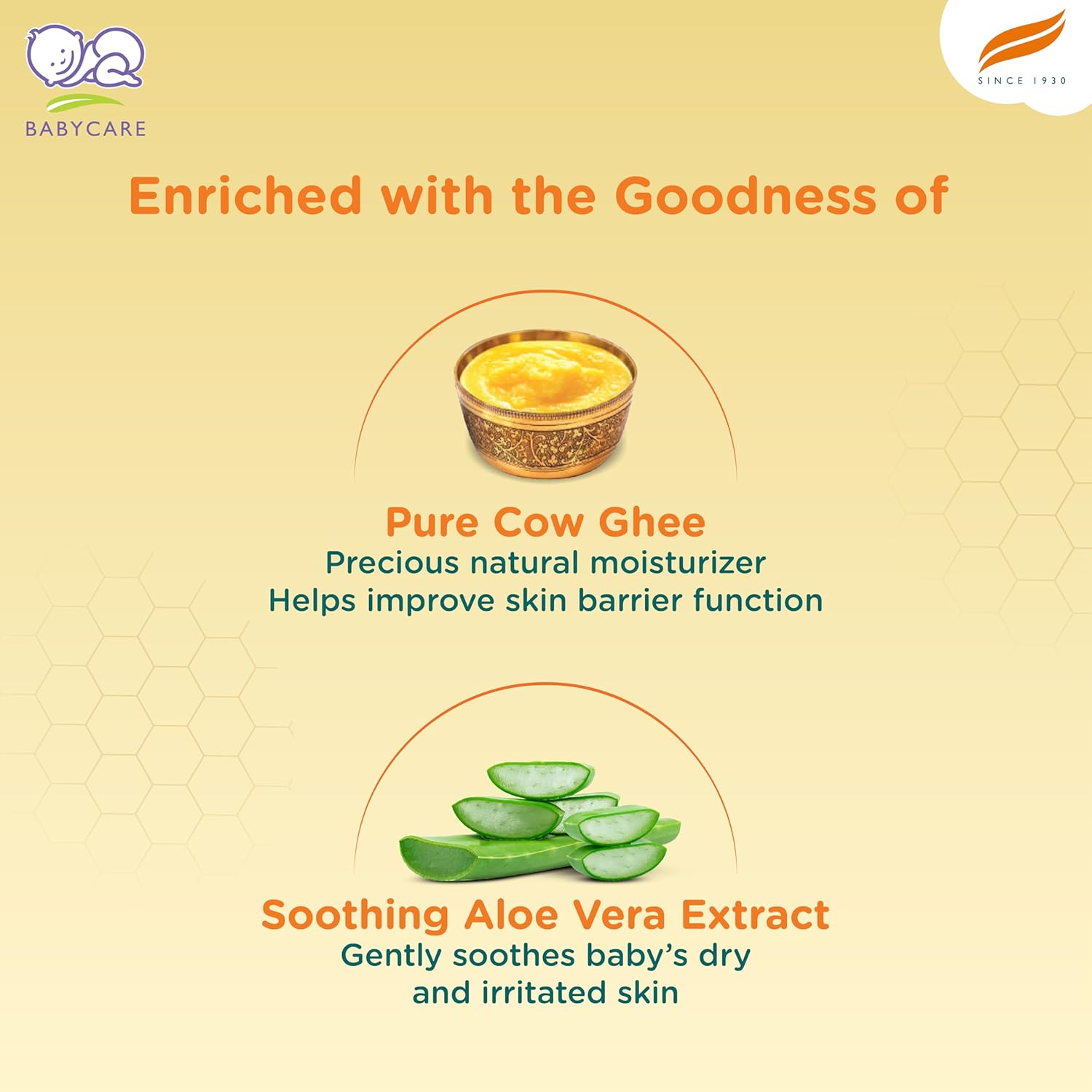 Product advertisement for baby care item with cow ghee and aloe vera extract on a beige background.