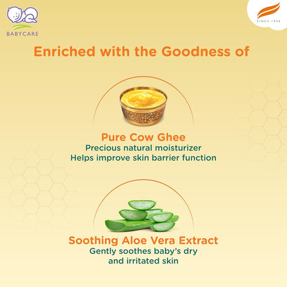 Product advertisement for baby care item with cow ghee and aloe vera extract on a beige background.