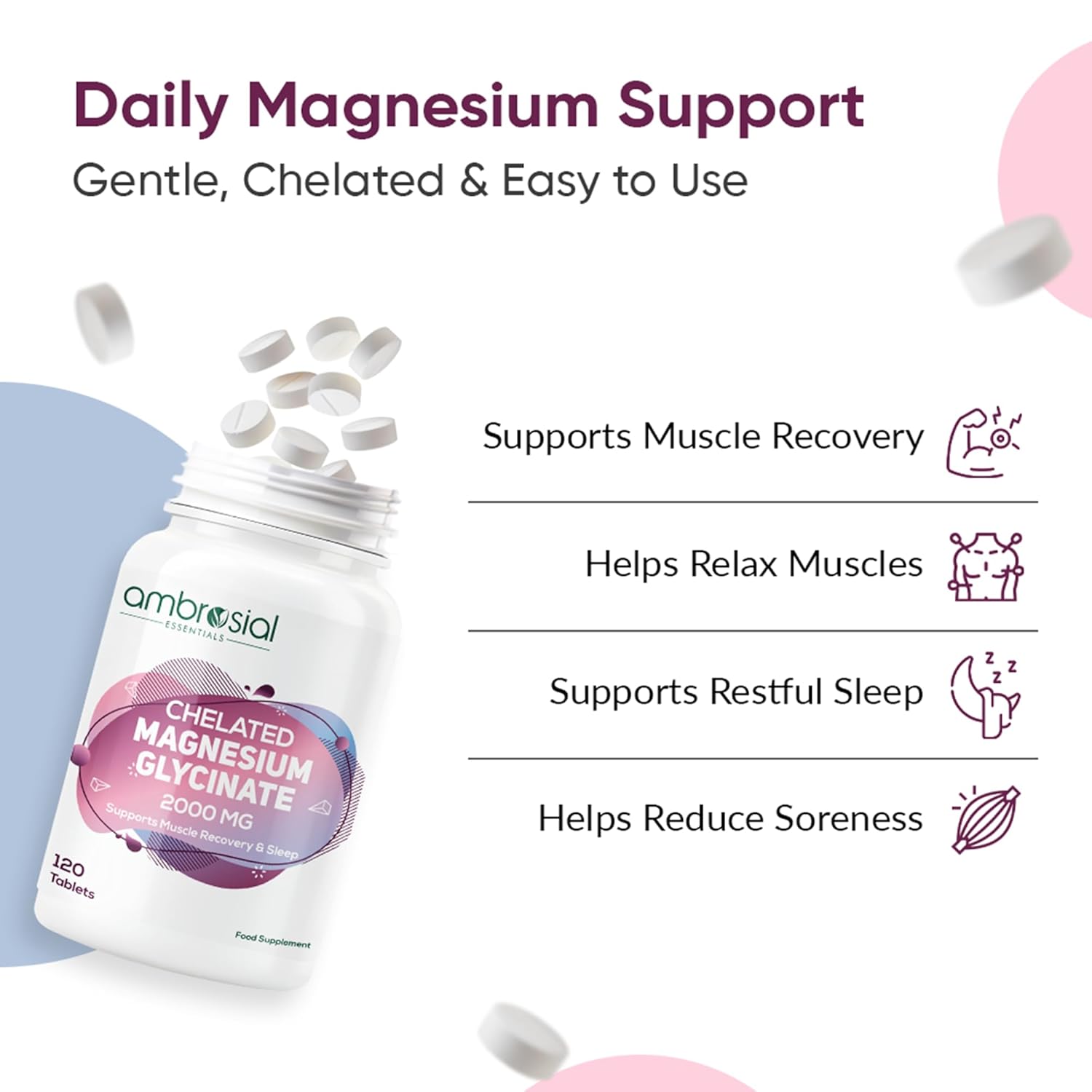 Ambrosial Chelated Magnesium Glycinate supplement bottle with text highlighting benefits on a white background.