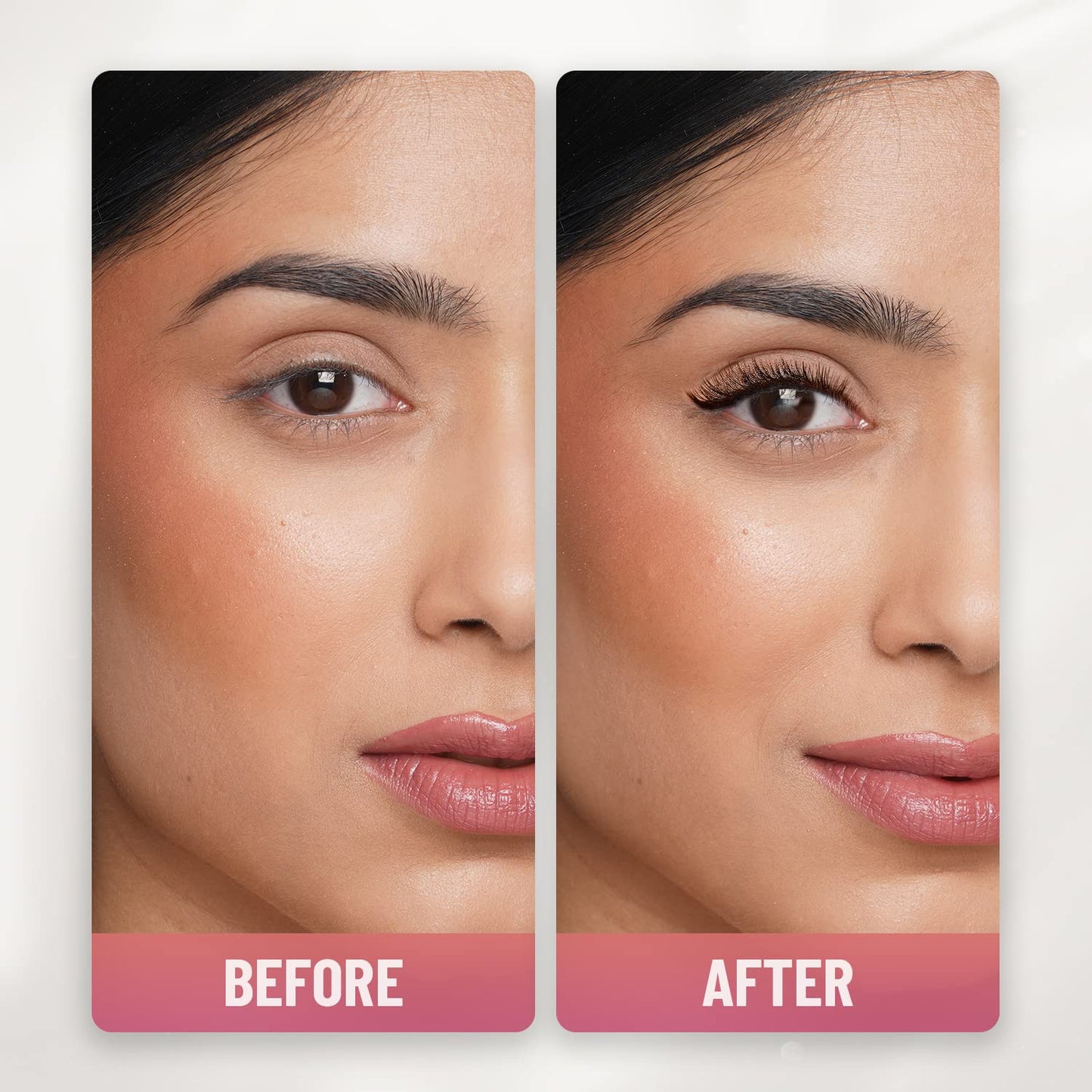 Before and after comparison of a woman's face with visible makeup changes.