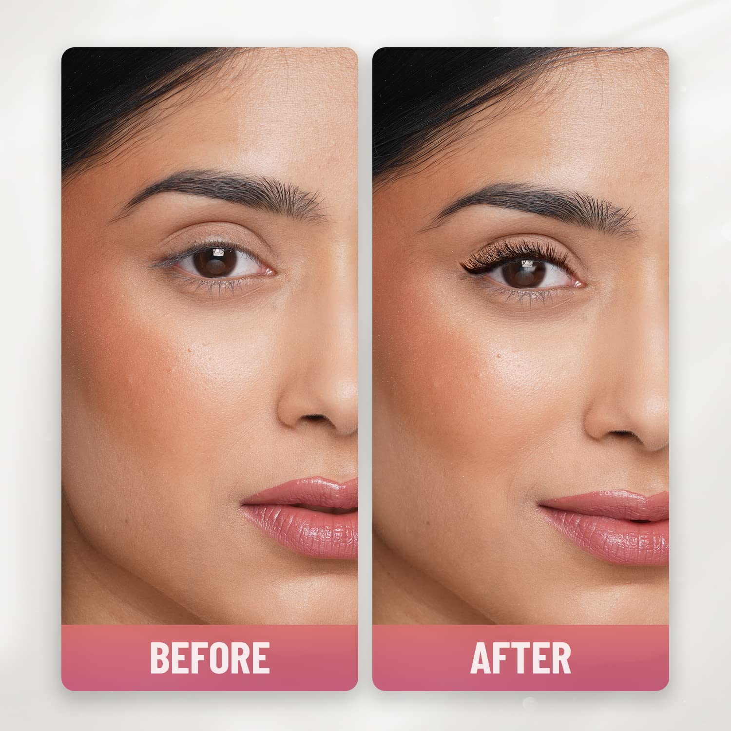 Before and after comparison of a woman's face with visible makeup changes.