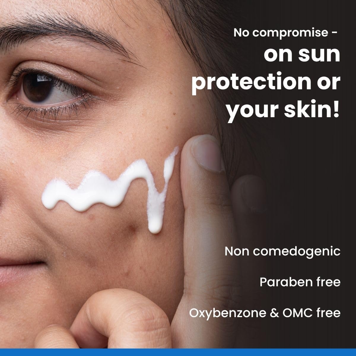 Person applying sunscreen cream to their face with text about sun protection and product features.