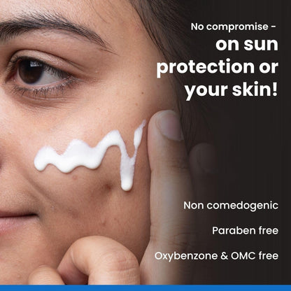 Person applying sunscreen cream to their face with text about sun protection and product features.