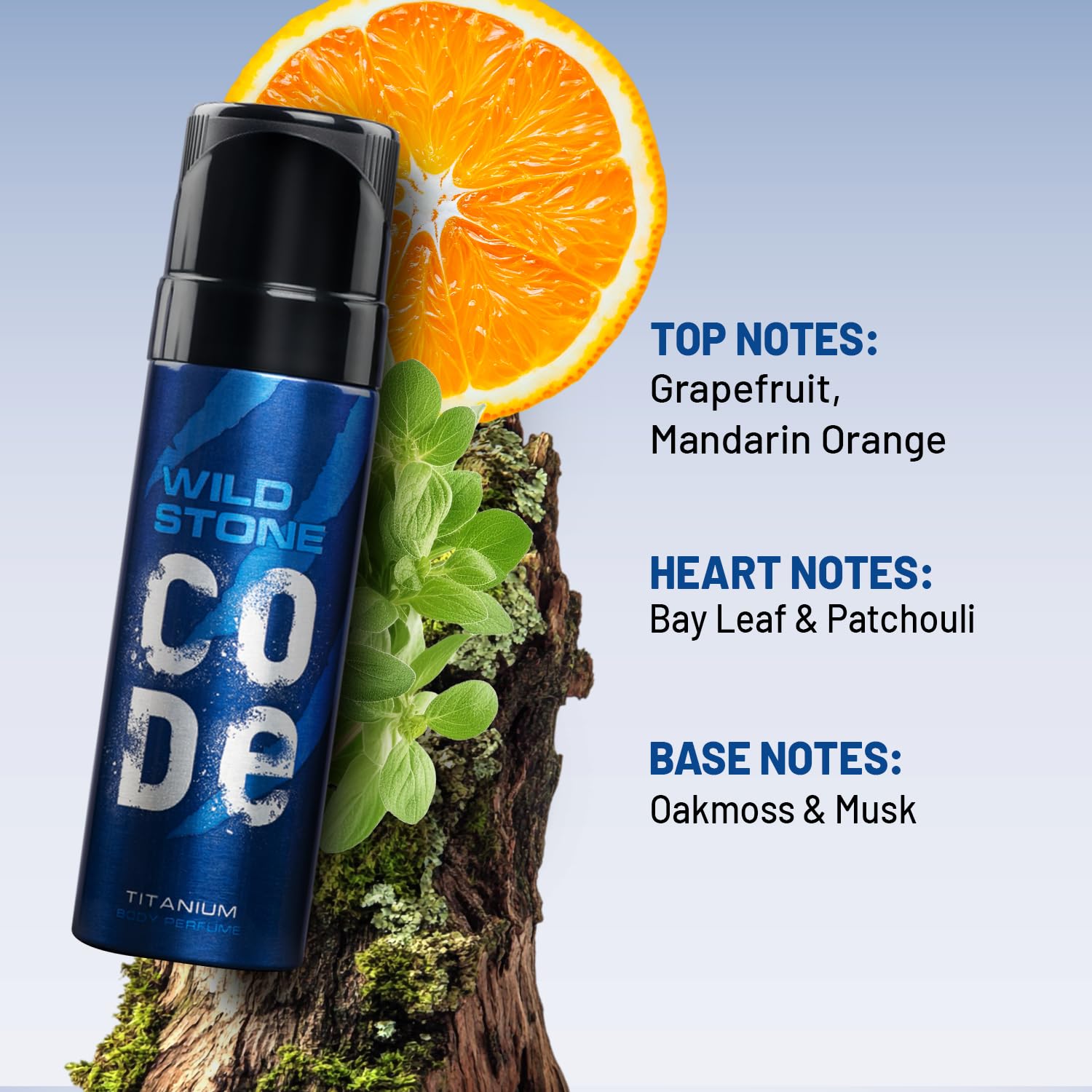 Wild Stone Code deodorant with an orange and green leaves on a light blue background
