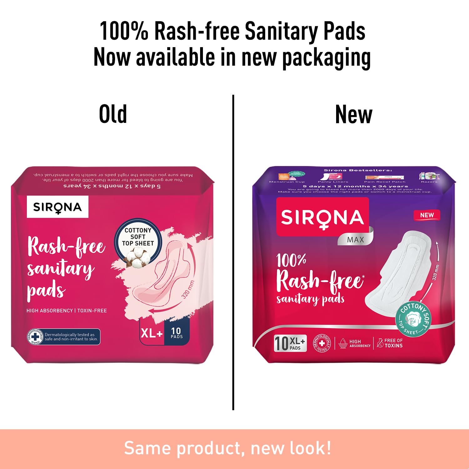 Comparison of Sirona rash-free sanitary pads in old and new packaging on a white background.