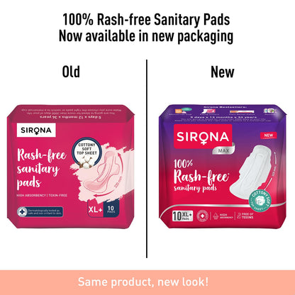 Comparison of Sirona rash-free sanitary pads in old and new packaging on a white background.
