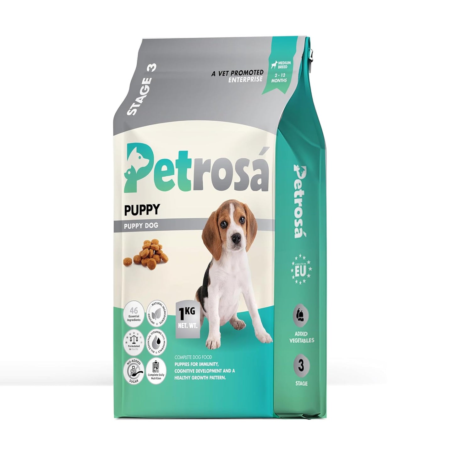 Petrosa Medium Breed Puppy Dog Food (2 to 12 Months), 1 Kg, 30% Protein with DHA & Prebiotics, Growth & Digestion Formula