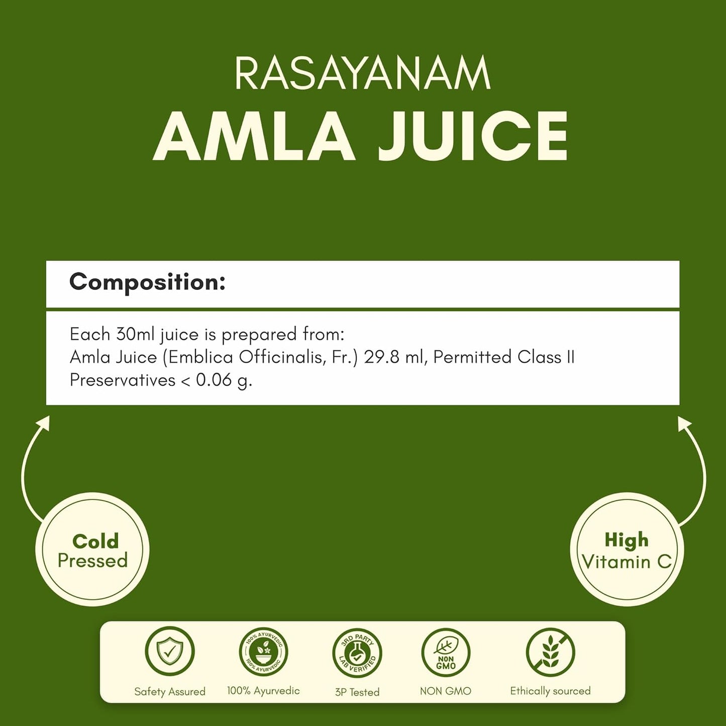 Rasayanam Amla Juice label with green background and text detailing juice composition and benefits.
