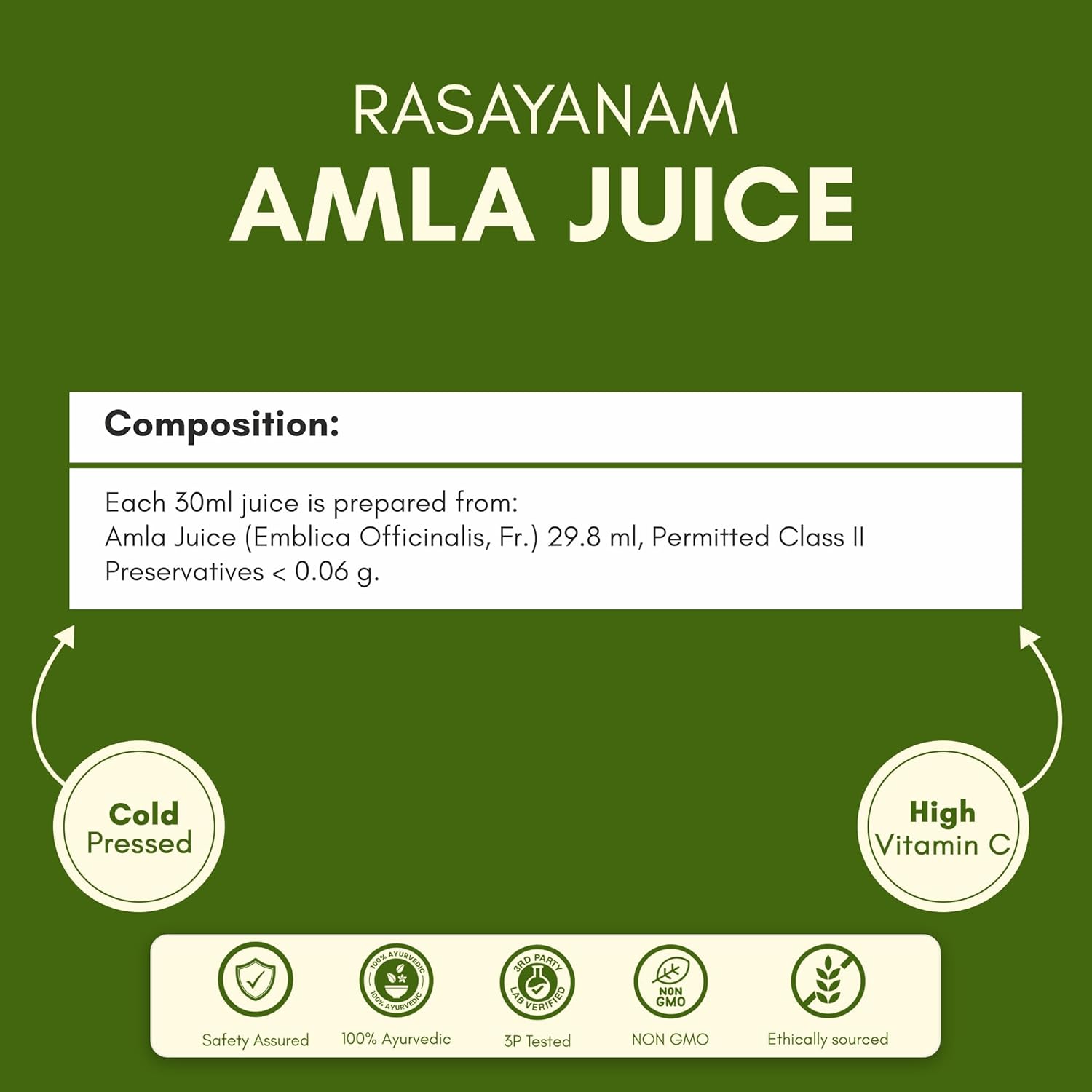 Rasayanam Amla Juice label with green background and text detailing juice composition and benefits.