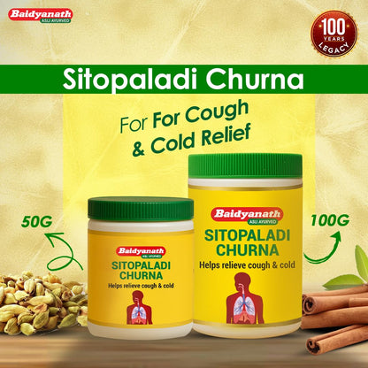 Baidyanath Sitopaladi Churna – 50g | Cough & Cold, Sore Throat & Digestive Wellness | Relief Chest Congestion & Nose Block |