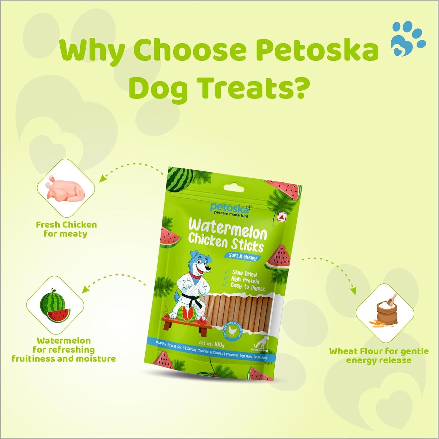 Petoska Chicken & Watermelon Dog Treats – 100 g Crunchy Chew Sticks for Puppies and Adult Dogs, Fruity Meat Snack for All Breeds